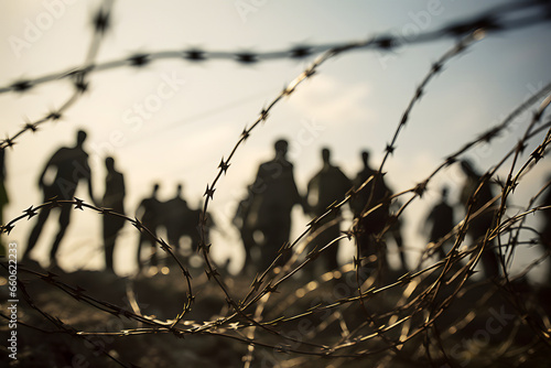 Blurred silhouettes of refugees human crowd behind iron barbed wire fence on border