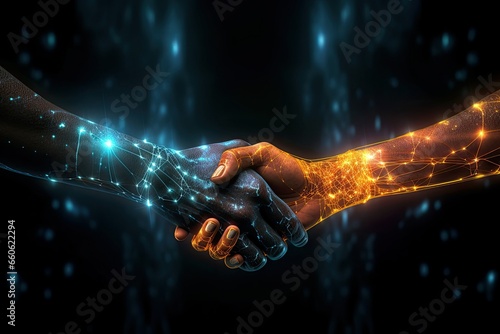 Two people shaking hands, business network connection