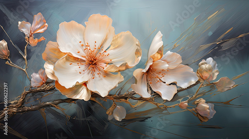 a painting of some flowers on a branch.   Oil Painting of a Peach color flower, Perfect for Wall Art.