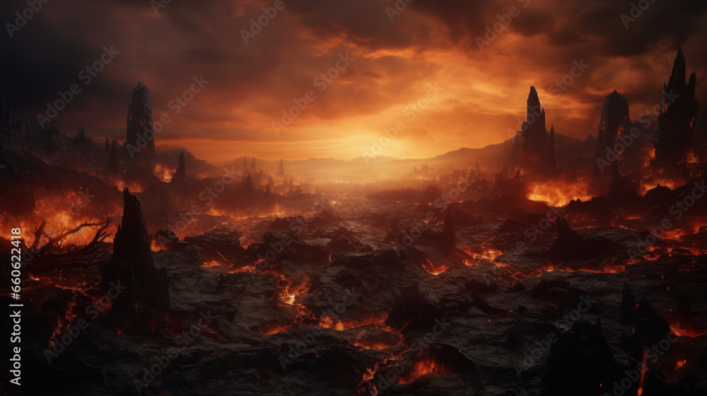 Muspelheim Realm of the Fire With Volcano and Magma Of The Fantasy Norse Mythology And Viking Mythology. Nordic Mythology Landscape. Generative AI - obrazy, fototapety, plakaty 