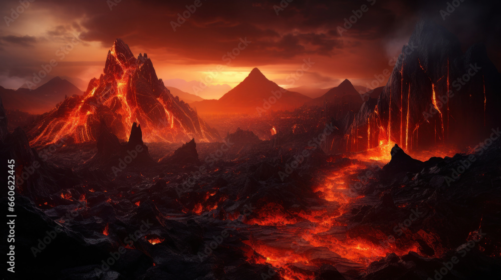 Fototapeta premium Muspelheim Realm of the Fire With Volcano and Magma Of The Fantasy Norse Mythology And Viking Mythology. Nordic Mythology Landscape. Generative AI