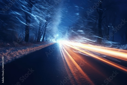 Desolate Blurry snow road middle night. Vehicle transport. Generate Ai