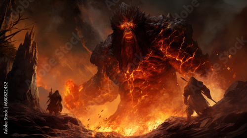 Fire Giant In Muspelheim Realm of the Fire With Magma. Fantasy Norse Mythology And Viking Mythology. Nordic Mythology Landscape. Generative AI