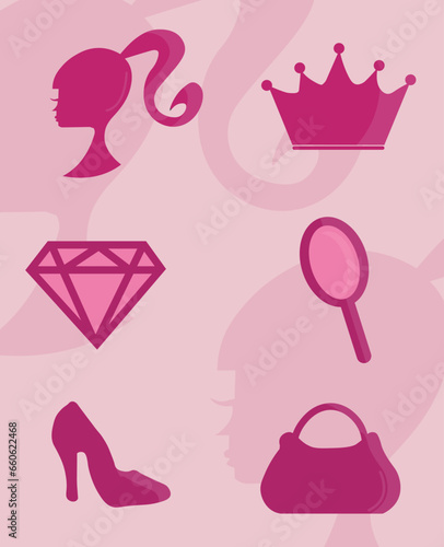 Chic Pink Doll Feminine Girlie Illustration Set