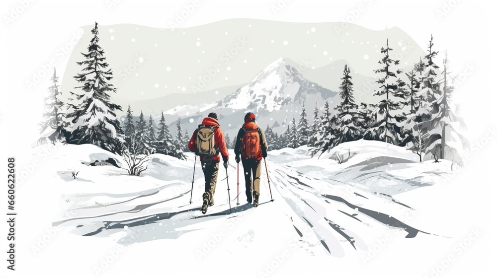 copy space, hand drawn vector illustration, couple walking in the show on snowshoes. Illustration for publicity on a ski resort. Copy space available. Winter sports theme. Couple walking in a winter l