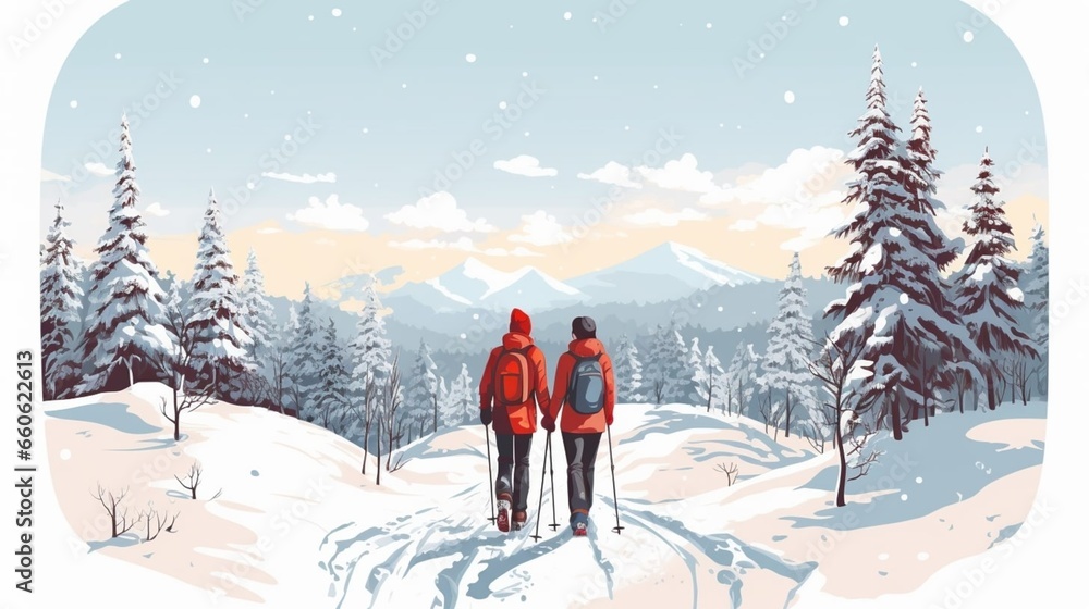 copy space, hand drawn vector illustration, couple walking in the show on snowshoes. Illustration for publicity on a ski resort. Copy space available. Winter sports theme. Couple walking in a winter l