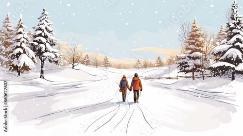 copy space, hand drawn vector illustration, couple walking in the show on snowshoes. Illustration for publicity on a ski resort. Copy space available. Winter sports theme. Couple walking in a winter l