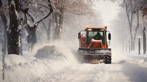 A snow plow in action clearing a snowy street during winter. Useful for companies providing snow removal and road maintenance services during winter.