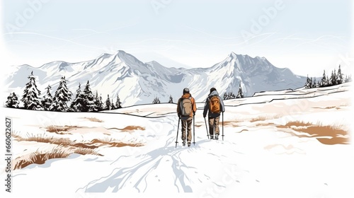 copy space, hand drawn vector illustration, couple walking in the show on snowshoes. Illustration for publicity on a ski resort. Copy space available. Winter sports theme. Couple walking in a winter l © Dirk