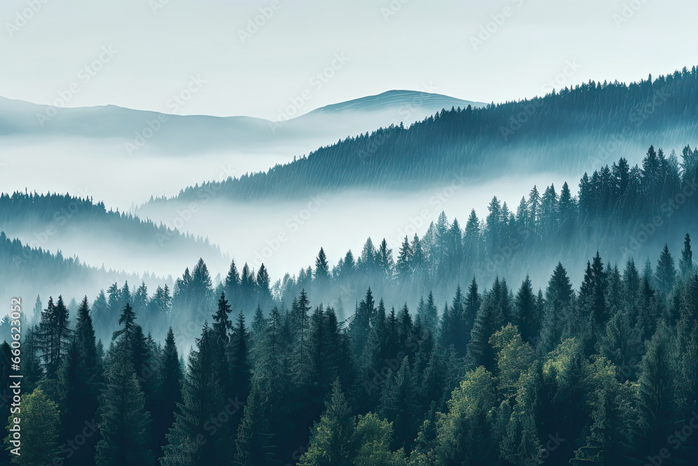 Aerial view landscape of Misty foggy mountain hills and forest, Beautiful fresh green natural scenery of hilltop, relax time with greenery tree in the morning.