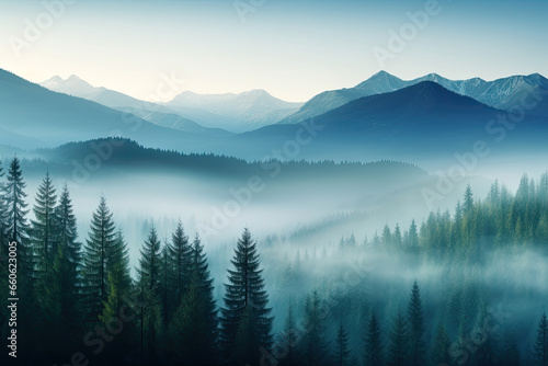 Aerial view landscape of Misty foggy mountain hills and forest, Beautiful fresh green natural scenery of hilltop, relax time with greenery tree in the morning.