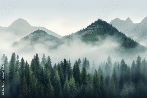 Aerial view landscape of Misty foggy mountain hills and forest, Beautiful fresh green natural scenery of hilltop, relax time with greenery tree in the morning. © TANATPON