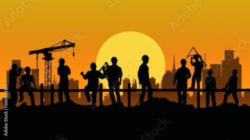 Construction workers in silhouette with safety gear, flat vector