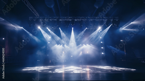  Dark blue stage with spotlights lights and smoke. Illuminated stage.