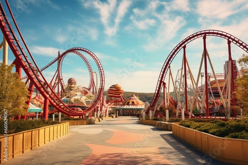 Enjoy the excitement at our historic amusement park: highly detailed roller coasters and intricate retro attractions created with cutting-edge technology. Generative AI photo