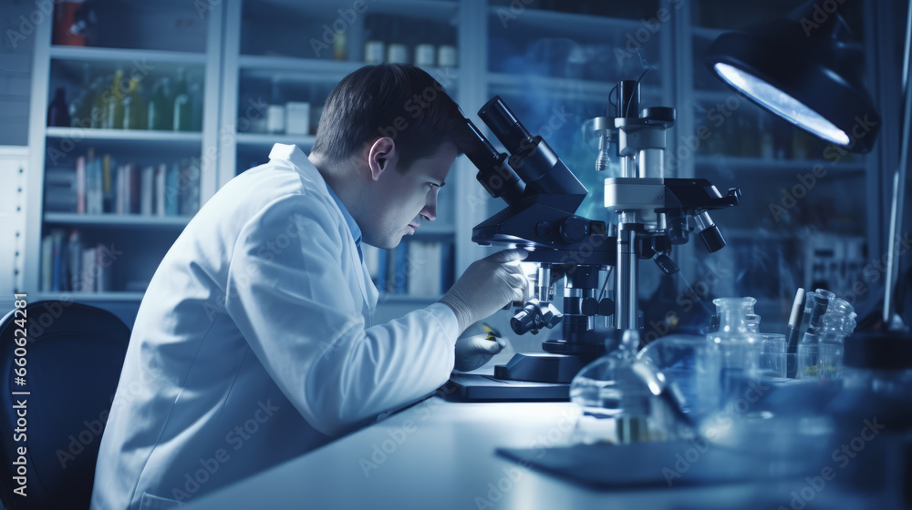 Scientist researcher using microscope in laboratory. Scientist researcher using microscope in laboratory.
