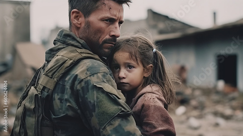 Soldier comforts sad child refugee amid war's destruction.