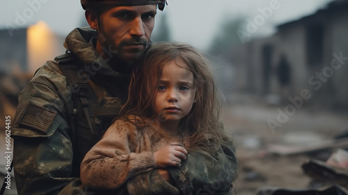 Soldier comforts sad child refugee amid war's destruction.