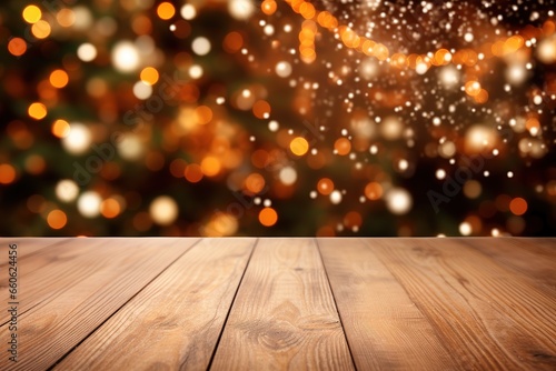 Empty wooden table with Christmas tree in background  perfect for showcasing your products or designs.