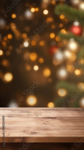 Empty wooden table with Christmas tree in background, perfect for showcasing your products or designs.