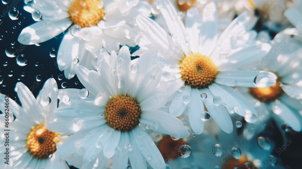 A close-up view of fresh white daisies covered in raindrops during a foggy sunny day A close-up view of fresh white daisies covered in raindrops during a foggy sunny day