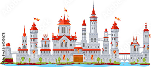 Medieval fortress castle building with walls and palace gate or tower turret and bridge, vector fort. Cartoon fantasy kingdom building and fairy tale fortress castle or royal town and citadel fort