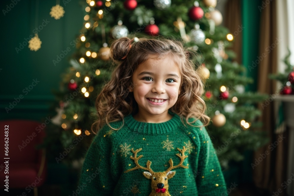 A Happy Girl with a Green Onesie and the Christmas Tree A Happy Girl with a Green Onesie and the Christmas Tree