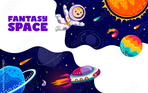 Space landing page, cartoon kid astronaut in spaceship and space planets, vector website template background. Galaxy rockets and alien planets, kid spaceman in space or spaceflight to galactic stars