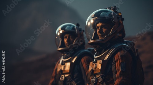Two male astronauts exploring the rugged Martian terrain © Jan