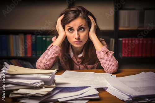 Stressed female accountant buried amidst towering paperwork photo