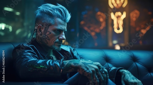 Edgy man with undercut and tattoos lounging in a neon-lit cyberpunk club photo