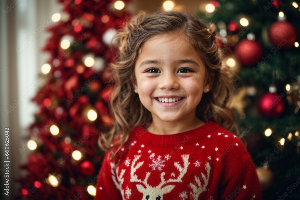 Christmas Magic: Happy Child in Red Pajamas at the Tree Christmas Magic: Happy Child in Red Pajamas at the Tree