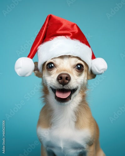 Chihuahua wearing a Santa Claus hat, studio portrait highlighted by a bold blue background © Jan