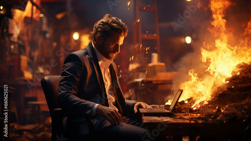 young man with a laptop in a night office against the background of a fire. night work concept