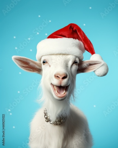 Goat humorously dressed up in festive attire, wearing a Santa Claus hat, posing against a vibrant blue background