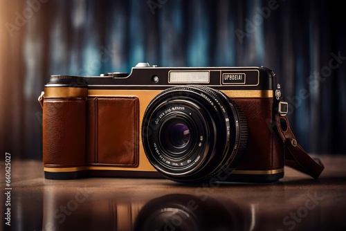 a brown vintage camera on a retro photography studio background.