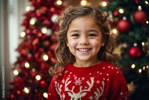 Christmas Magic: Happy Child in Red Pajamas at the Tree
