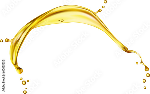 Realistic oil or juice arch splash with transparent wave swirl flow, vector background. Honey syrup with drops splatter in swirl splash, oil or juicy candy flow and sweet maple syrup splashing drips