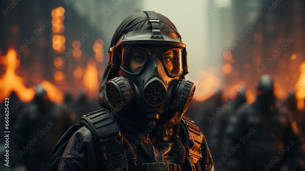 People in gas masks on the street People in gas masks on the street