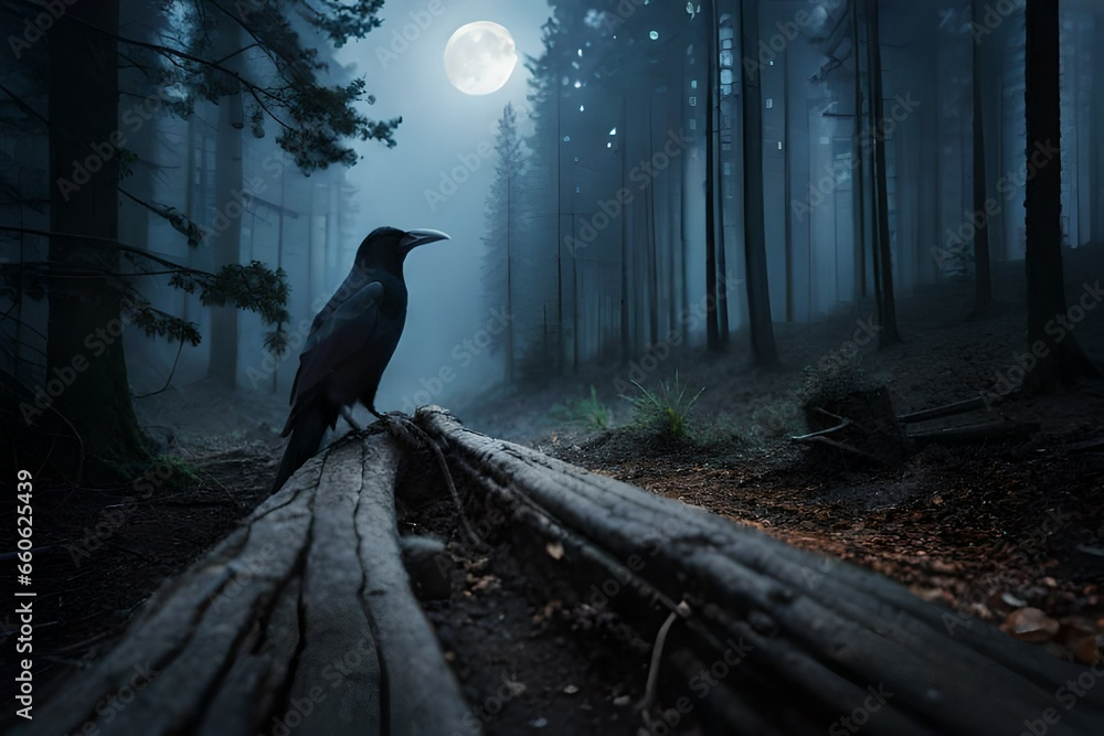 black raven scene with moon - obrazy, fototapety, plakaty 