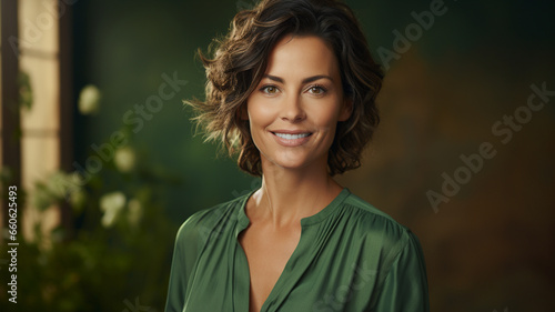 Portrait of a beautiful woman in a green dress