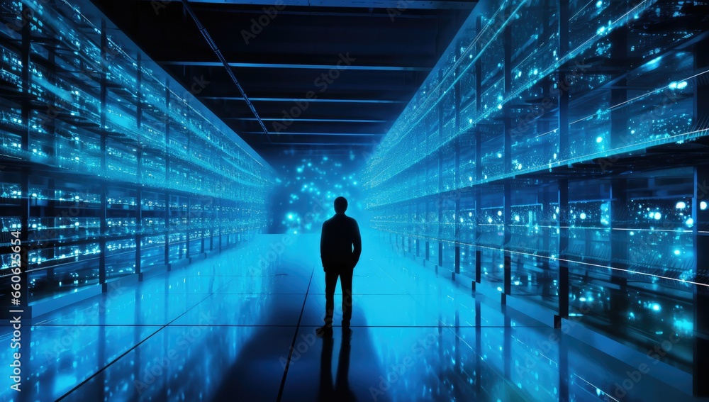 Data Center with Business Person in Tron Neon Lights Data Center with Business Person in Tron Neon Lights