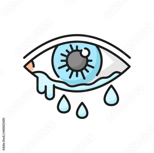Allergy watery eyes color line icon. Allergic reaction, eyesight problem or conjunctivitis disease outline vector symbol. Seasonal allergy symptom outline sign with tears dripping from irritated eye