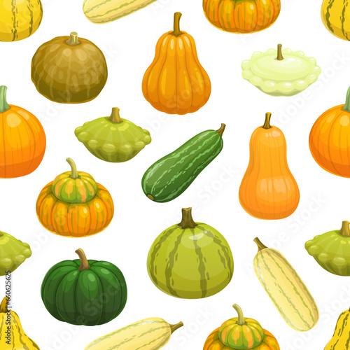 Raw zucchini, pumpkin, squash and butternut seamless pattern with autumn harvest vegetables. Vector background with fresh farm green zucchini and squash, orange pumpkin and yellow butternut veggies