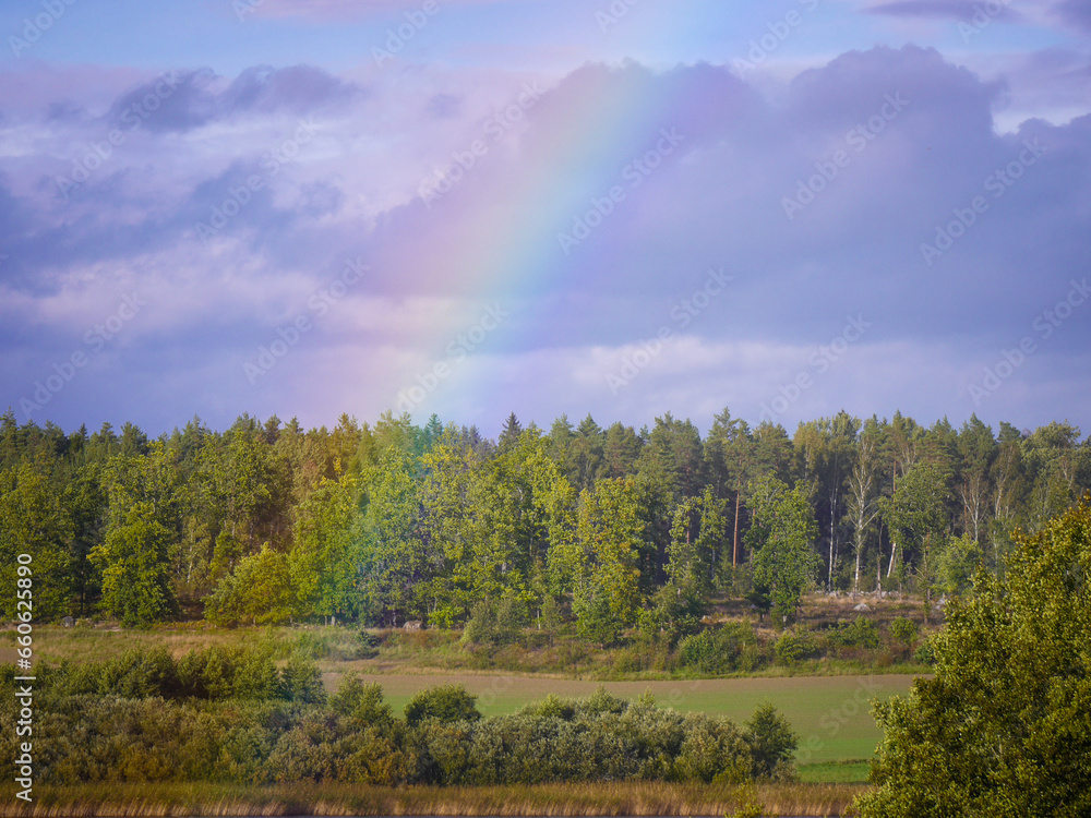 a rainbow over field against the sky a rainbow over field against the sky