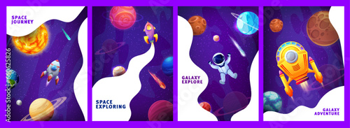 Galaxy posters. Cartoon space landscape and spaceship. Company promo banners, business startup vector background or business project posters template with fantastic starships, astronaut and planets
