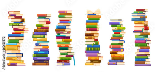 High book stacks. University library textbook stack, science teaching, best seller novel heap or college education cartoon vector books group. School literature reading, dictionary isolated piles