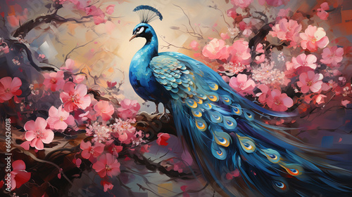 Watercolor painting of a bird on a tree branch. Beautiful peacock