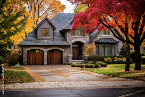 Beautiful Suburban Home residential neighborhood Autumn Season Day Blue Sky