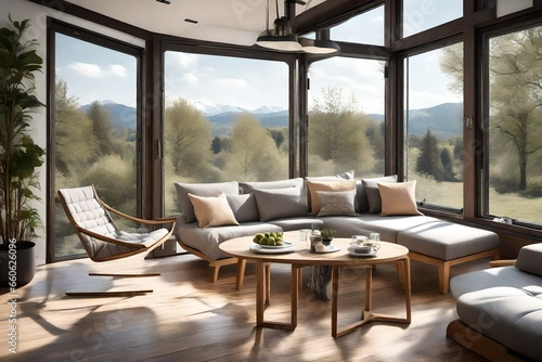 a sunroom with panoramic views and comfortable seating.